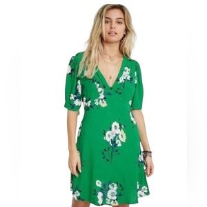 Free People Dress Size 4 Neon Garden Green Floral Mini Fit n Flare  Puff Sleeves